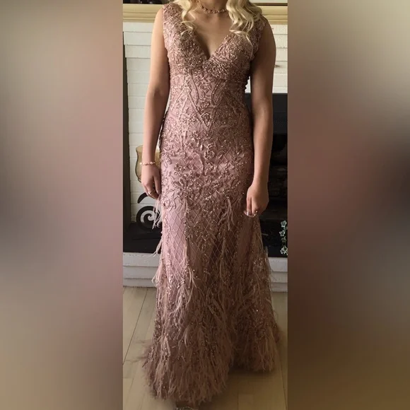Jovani | Dresses | Jovani Feathers And Beaded Brocade Dusty Rose Stunning  Prom Dress W Train | Poshmark